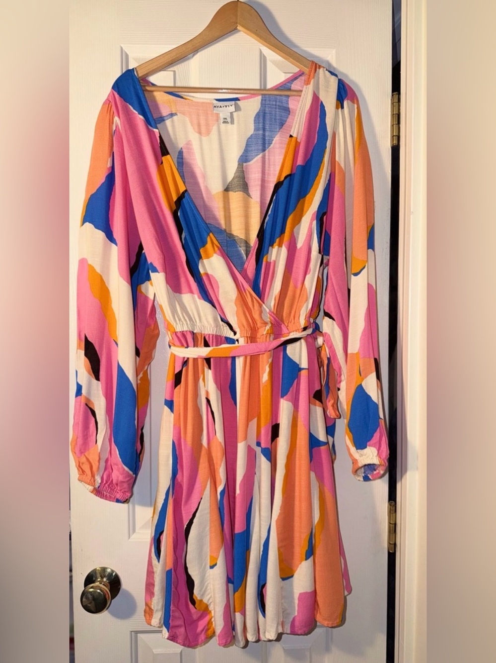 Ava & VIV Abstract Print Long Sleeve Wrap Dress - Pink Multi XXL